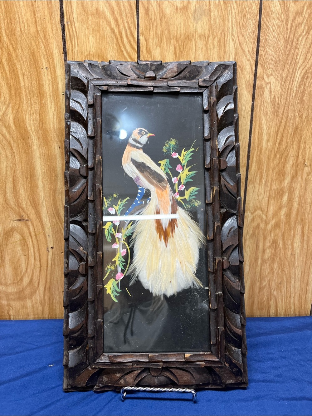 Framed Feather Bird Art with Carved Wood Frame - Black Background